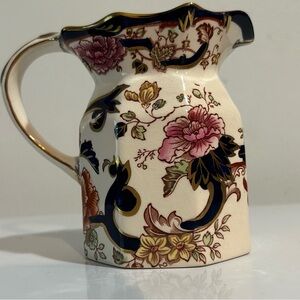 Mason’s Ironstone Mandalay Blue Pitcher – England, Vintage Floral with Gold Trim